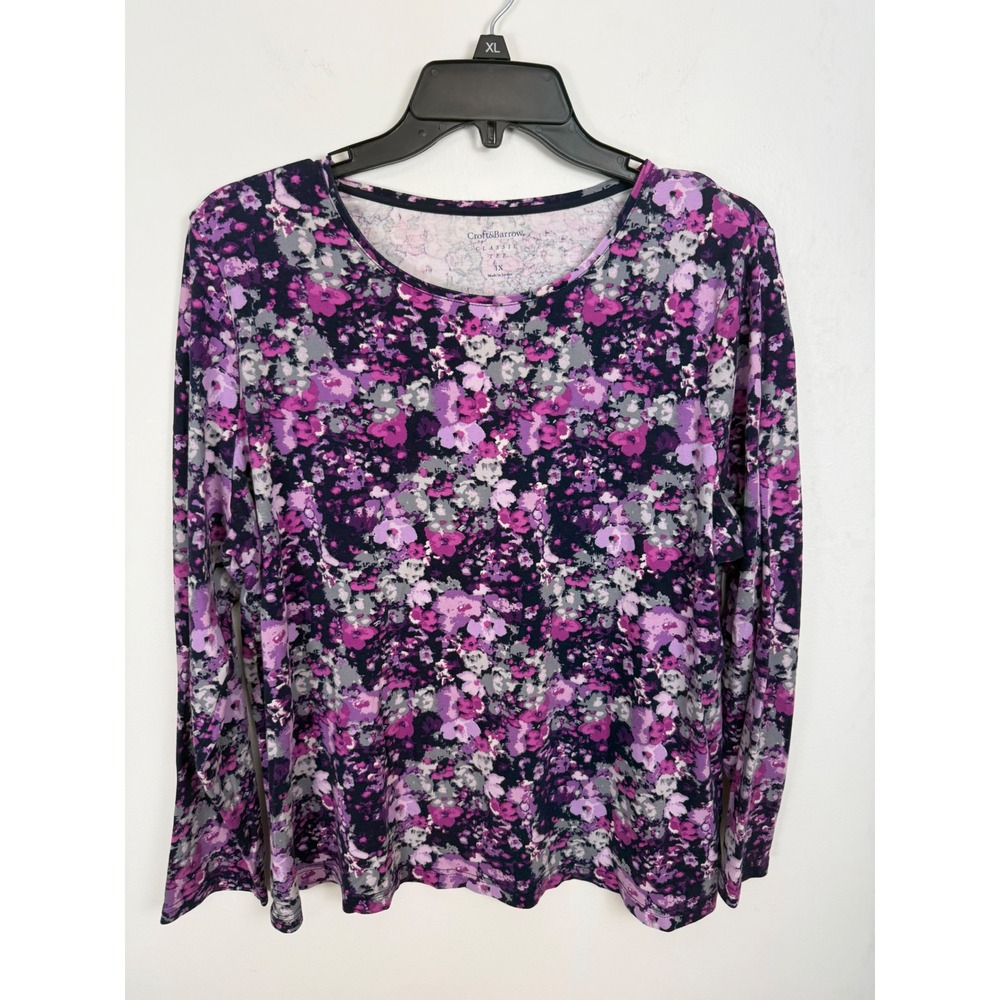 Croft & Barrow Womens 1X Classic Tee Purple Floral Long Sleeve Cotton T-Shirt
